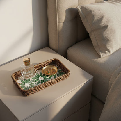 Green Daisy Vanity Tray styled on a bedside table with small personal accessories
