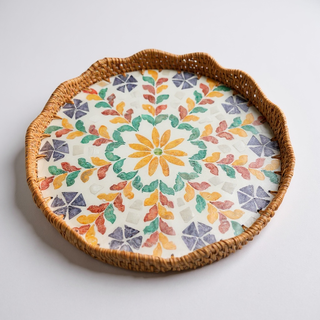 Blossom Scalloped Round Rattan Tray with colourful mother-of-pearl mosaic on plain white background