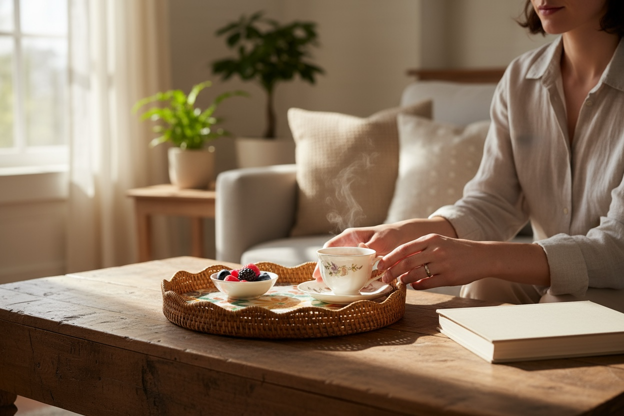 Blossom Scalloped Round Tray used for serving on a wooden coffee table