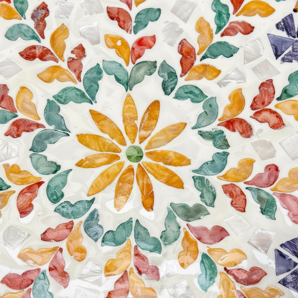 Close-up of floral mother-of-pearl mosaic pattern on Blossom Scalloped Round Tray
