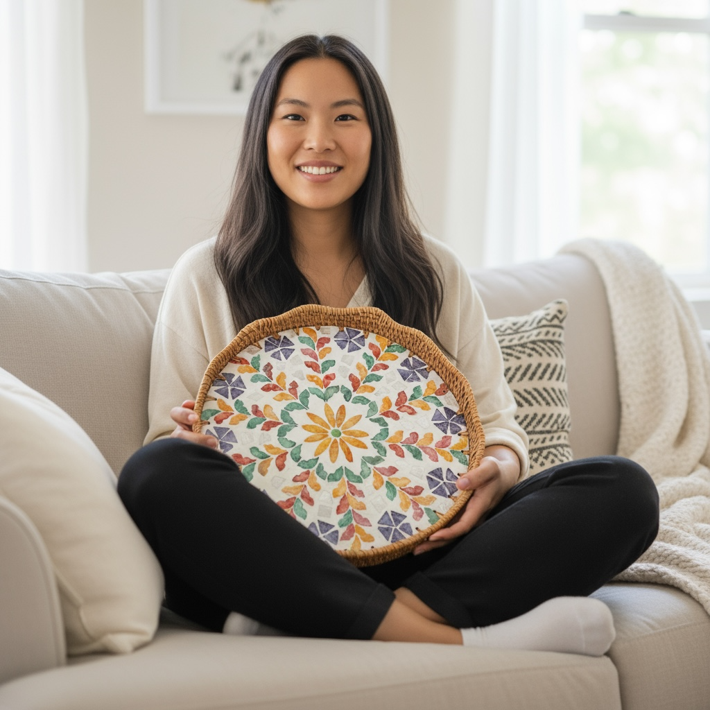 Woman sitting on sofa holding the Blossom Scalloped Round Rattan Tray in her lap