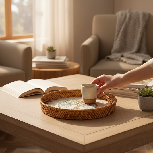 Tree of Life rattan tray styled on a living room coffee table with cups and decor