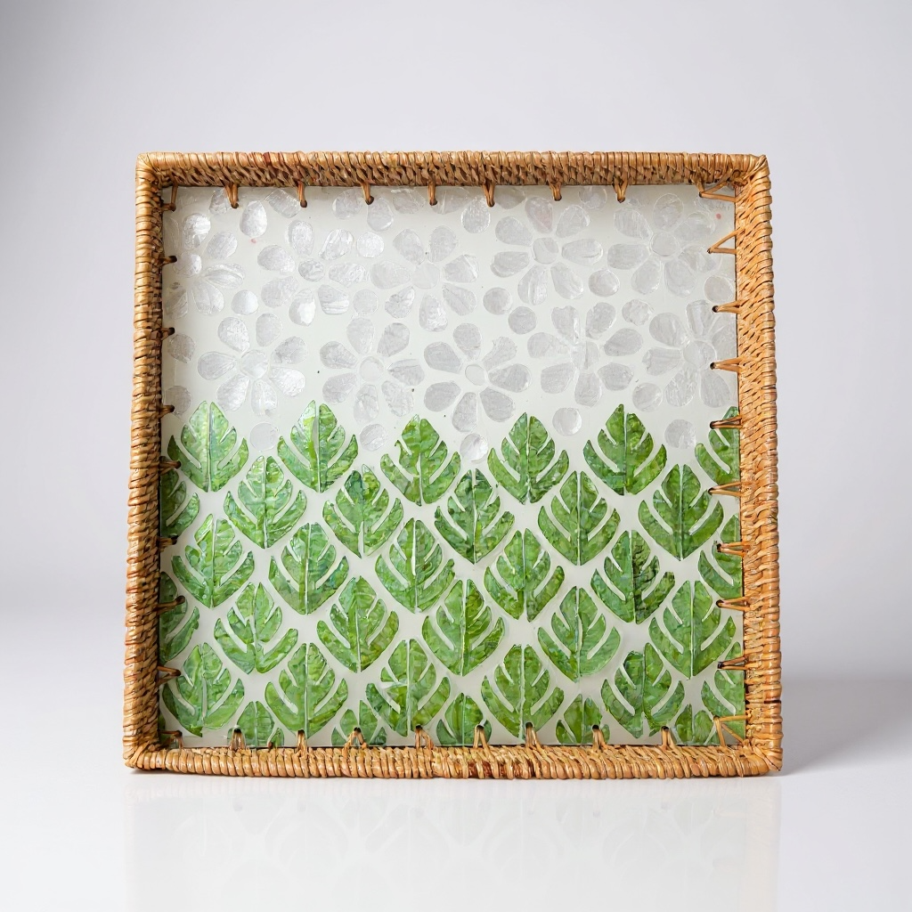Square rattan tray with green leaf mother-of-pearl mosaic, photographed on a white background