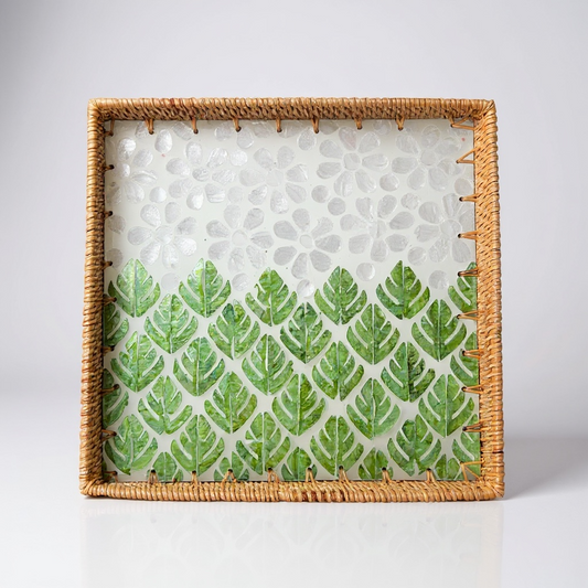 Square rattan tray with green leaf mother-of-pearl mosaic, photographed on a white background