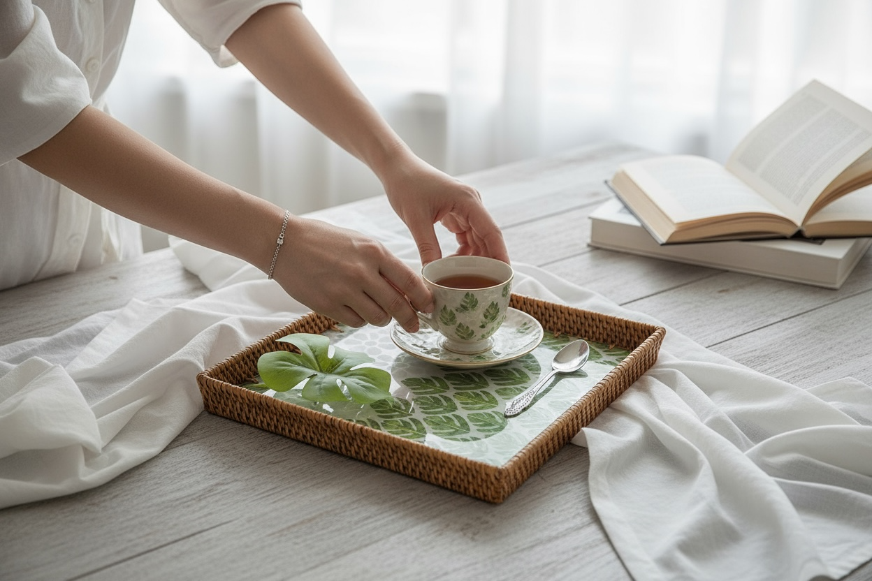 Hands serving tea on a square rattan tray with green leaf mosaic on a bed next to an open book