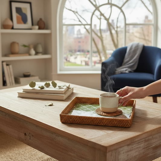 Square rattan tray with green leaf mosaic styled on a wooden coffee table with a cup