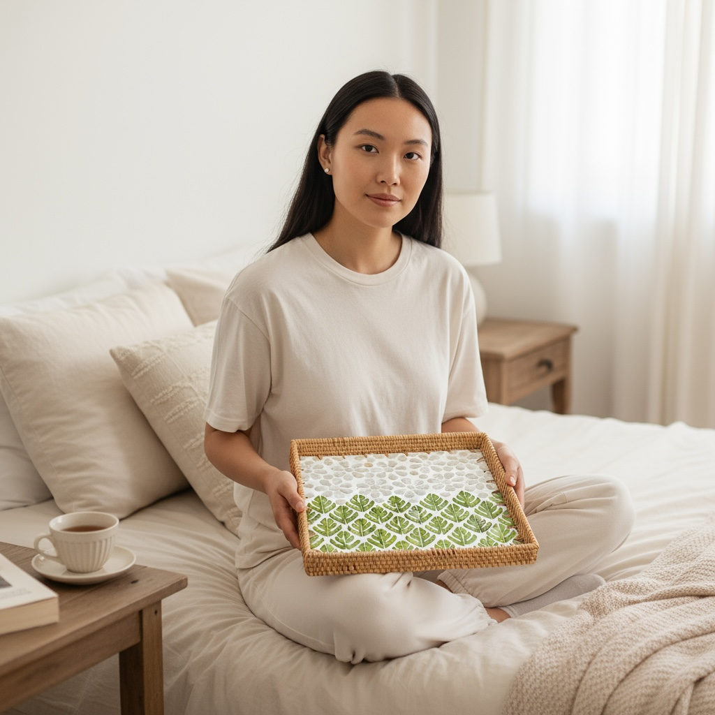 Model seated on a bed holding a square rattan tray with green leaf mother-of-pearl mosaic