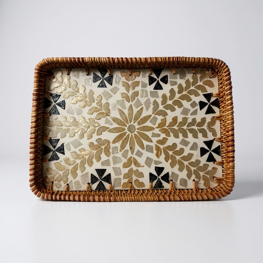 Rectangular mother-of-pearl decorative tray with rattan rim—product cut-out on white background.