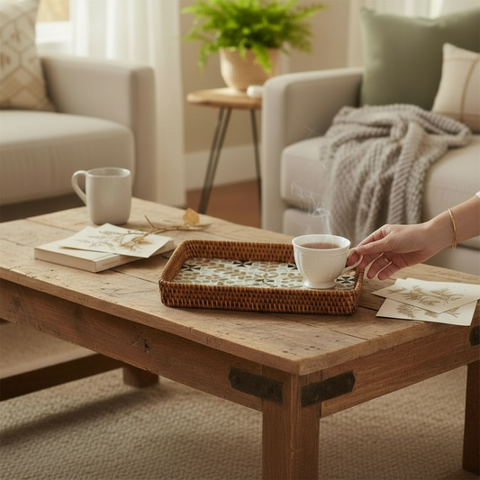 Rectangular decorative serving tray on coffee table with cups; mother-of-pearl inlay and rattan rim.