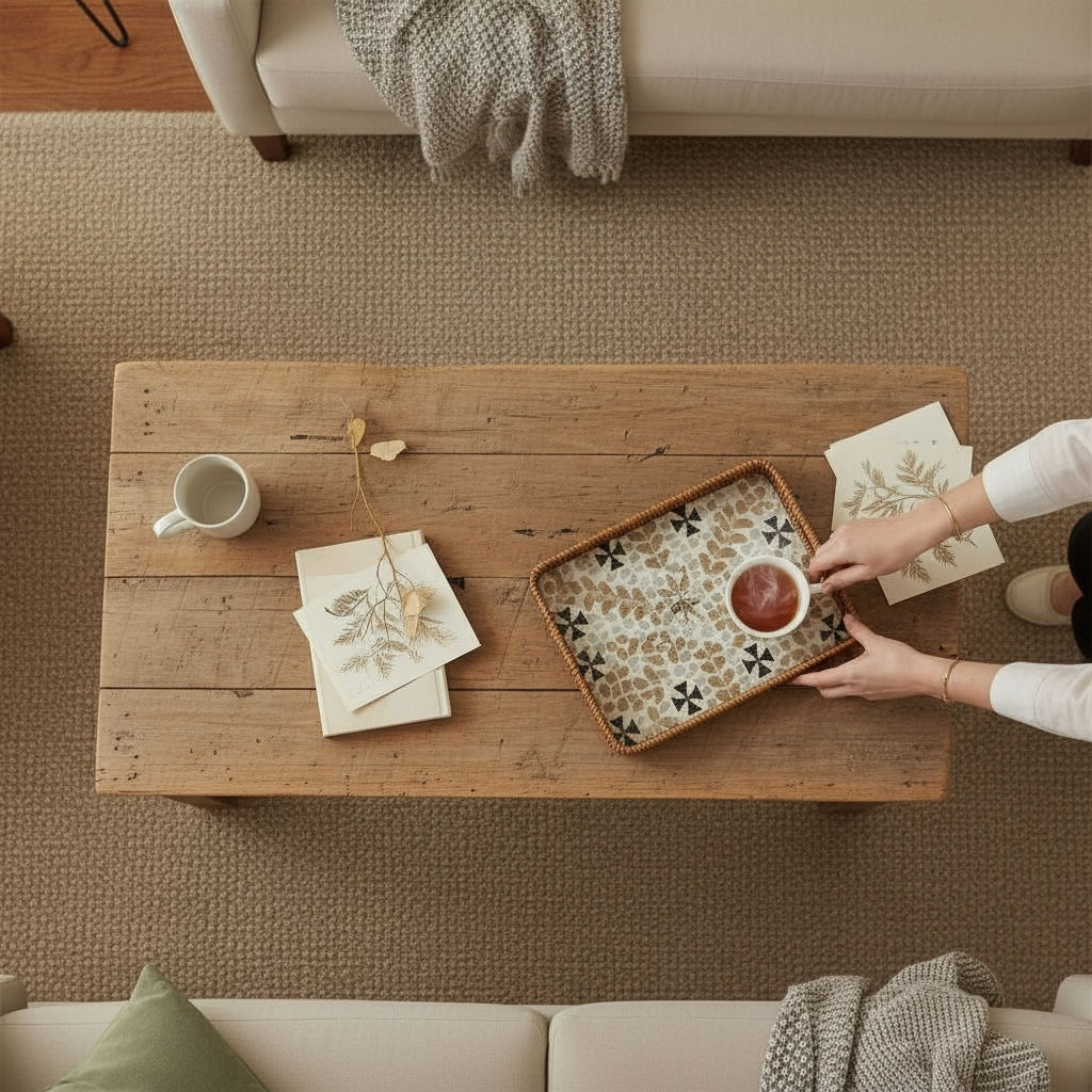 Rectangular decorative tray on wooden centre table with snacks and tea; overhead scene.