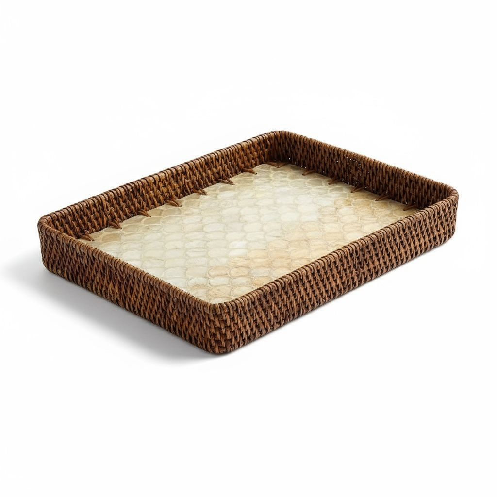 Side angle of Coastal Pearl Rectangular Tray highlighting raised rattan rim