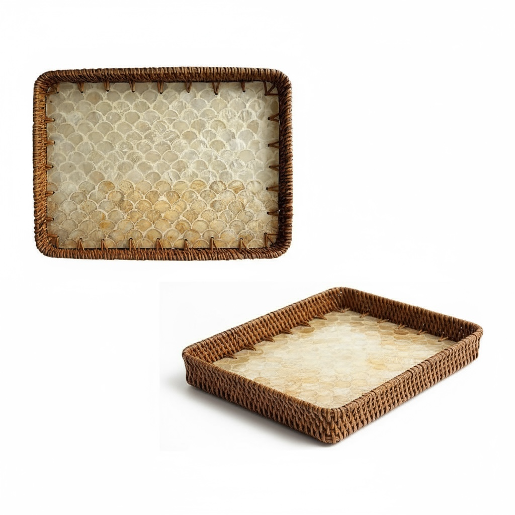 Rectangular woven tray with honeycomb pattern on a white background