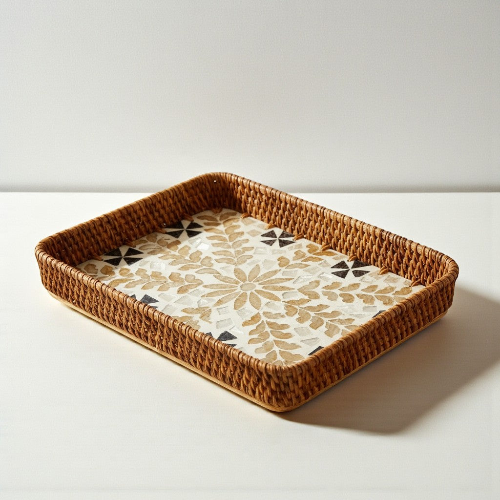 Rectangular rattan-rim serving tray with beige mother-of-pearl mosaic—three-quarter angle.