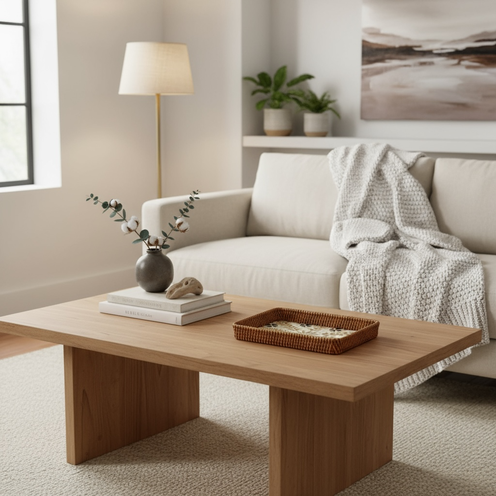Rectangular rattan and mother-of-pearl tray on centre table beside ceramic vase; neutral living room.