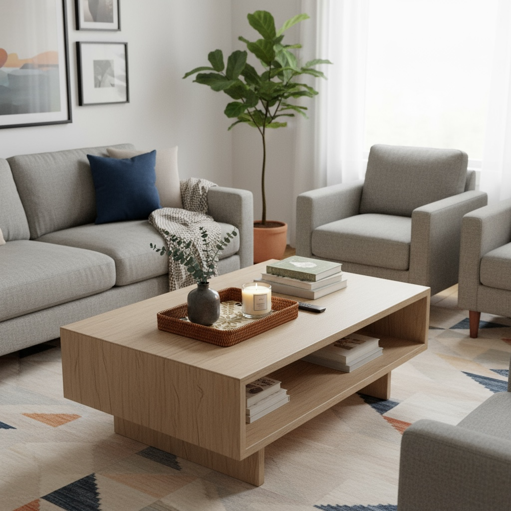 Rectangular mother-of-pearl tray styled on modern coffee table in bright living room.