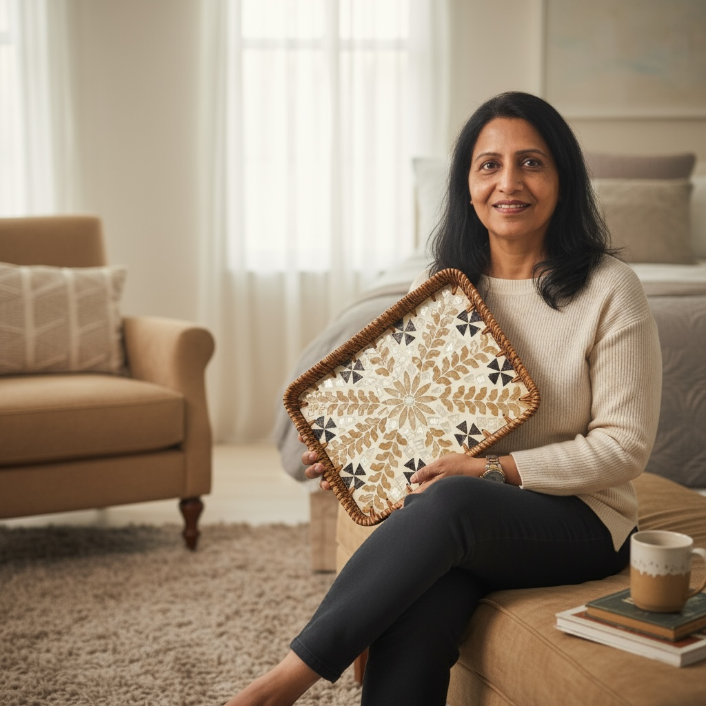 Aesthetic Aangan Founder holding rectangular mother-of-pearl decorative tray with rattan rim; clear size reference.