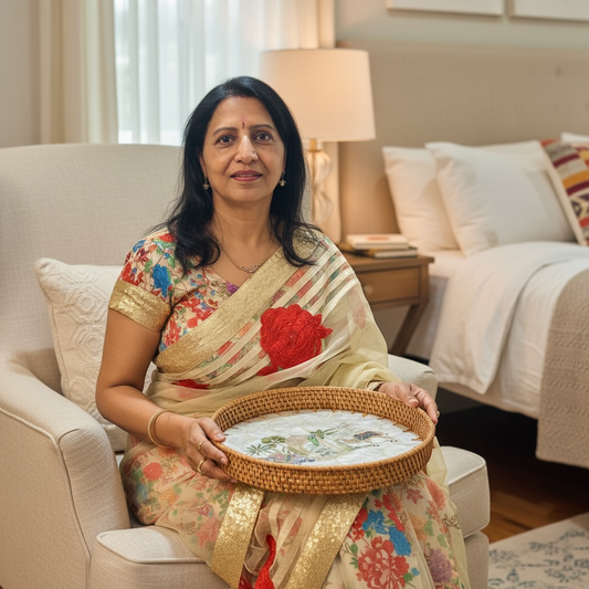 Royal Oasis Round Tray | Mother-of-Pearl Mosaic with Hand-Woven Rattan Rim