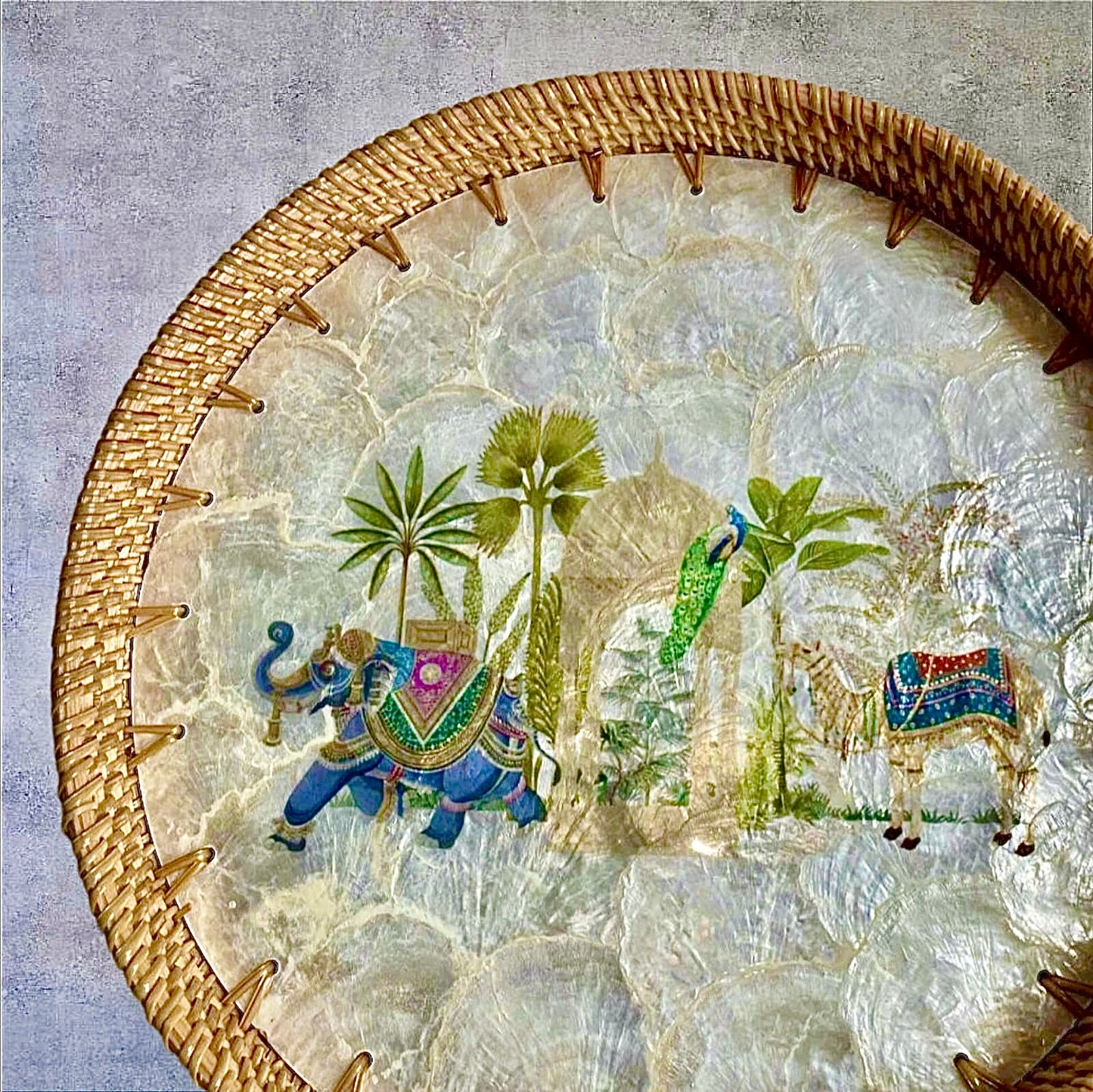 Royal Oasis Round Tray | Mother-of-Pearl Mosaic with Hand-Woven Rattan Rim