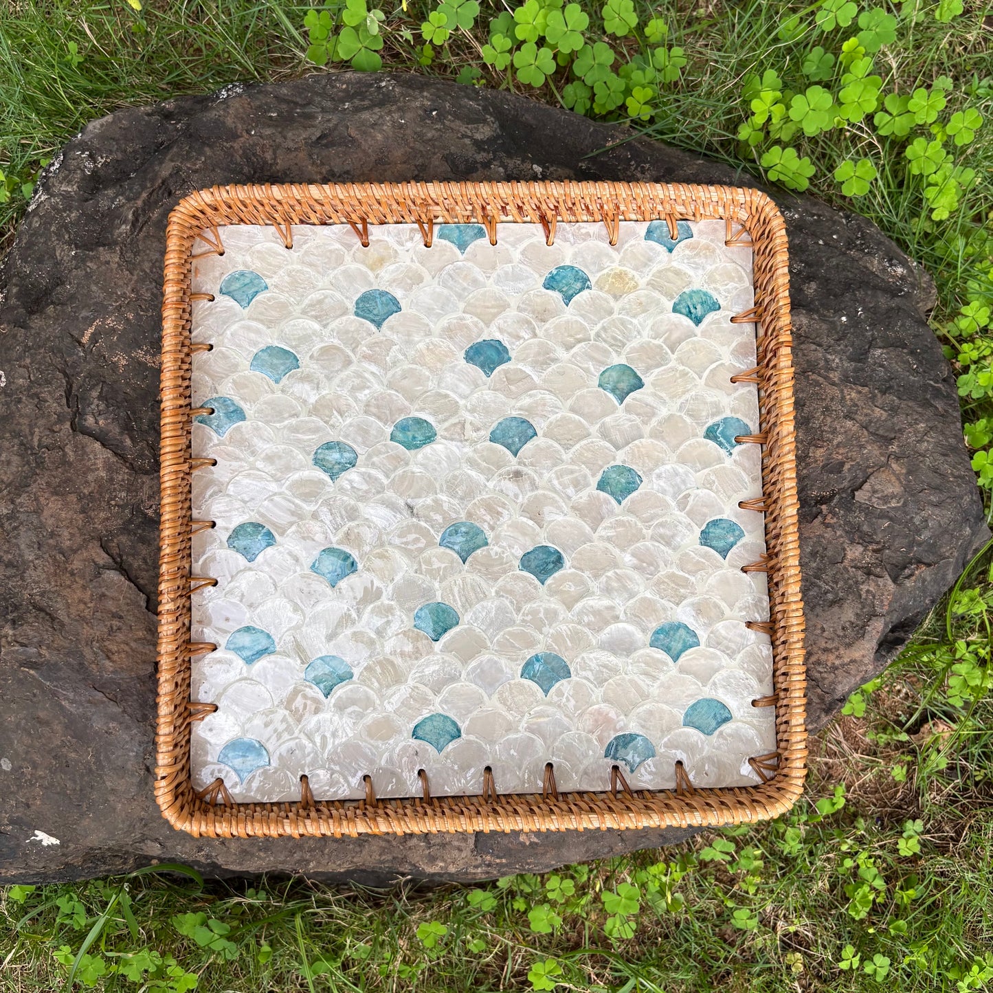 Ocean Wave Square Tray | Mother-of-Pearl Mosaic with Turquoise Accents & Hand-Woven Rattan Rim