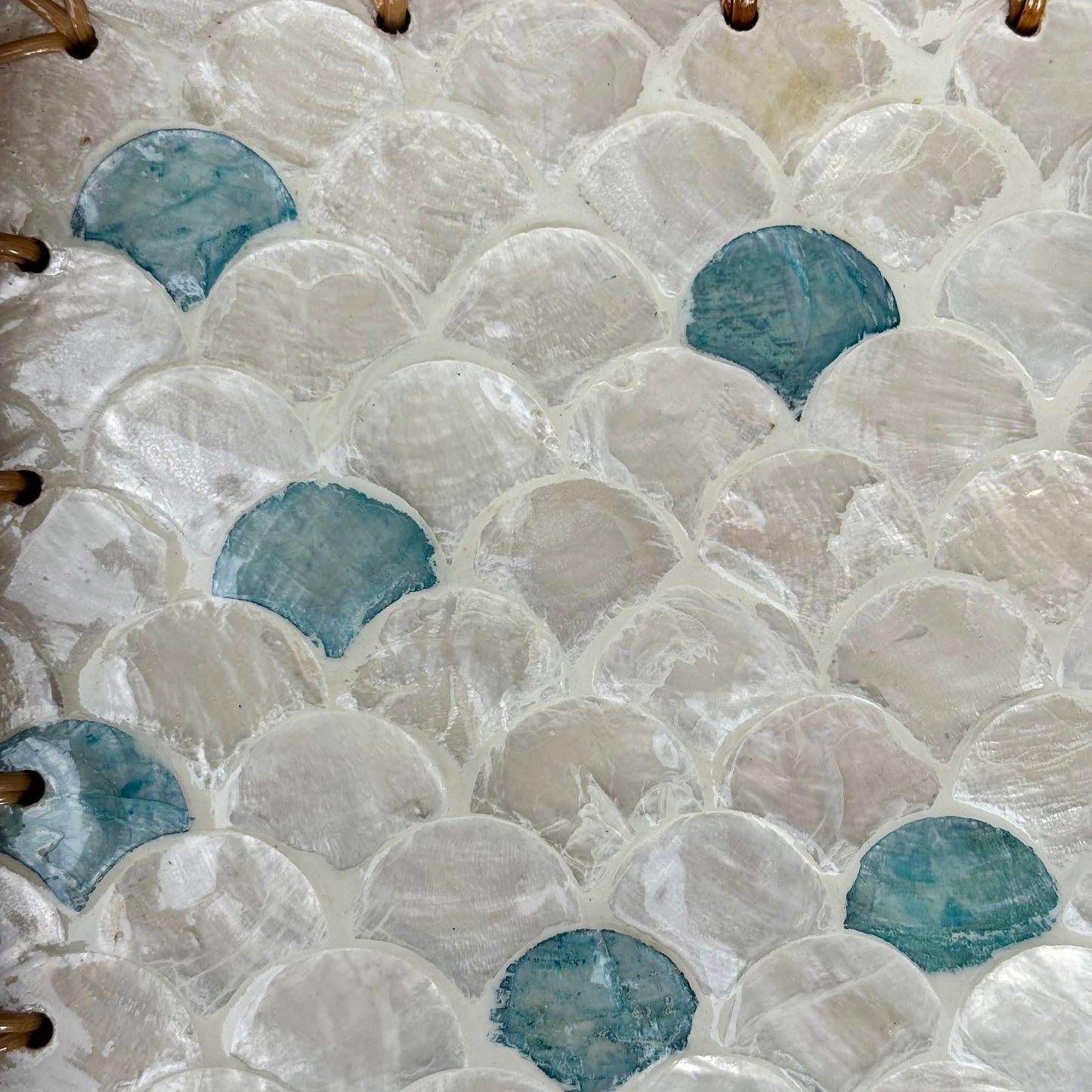 Ocean Wave Square Tray | Mother-of-Pearl Mosaic with Turquoise Accents & Hand-Woven Rattan Rim