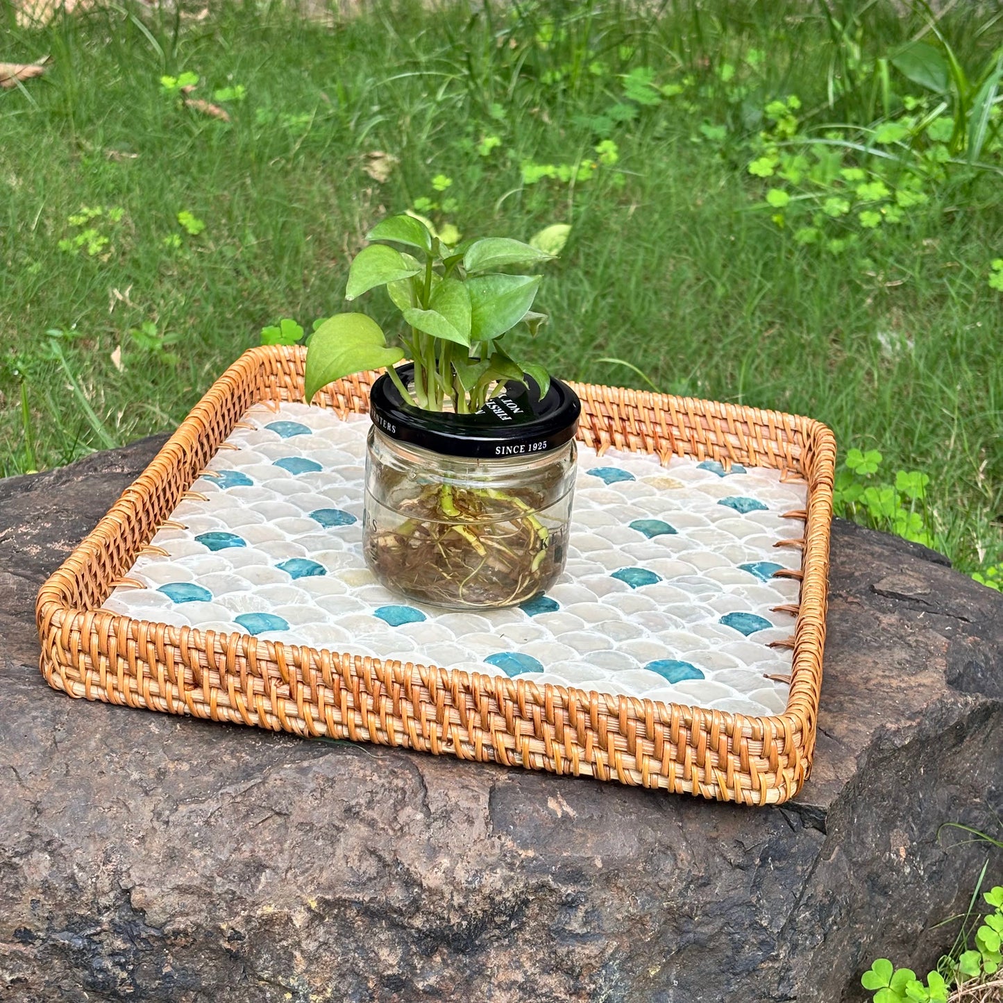 Ocean Wave Square Tray | Mother-of-Pearl Mosaic with Turquoise Accents & Hand-Woven Rattan Rim