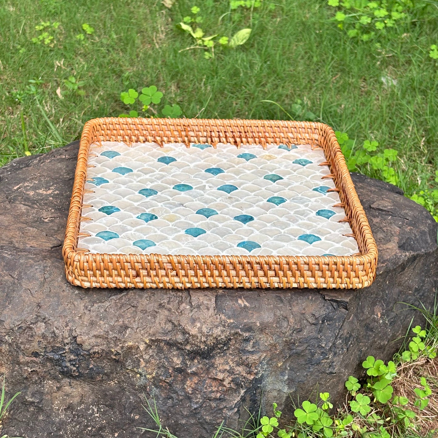 Ocean Wave Square Tray | Mother-of-Pearl Mosaic with Turquoise Accents & Hand-Woven Rattan Rim