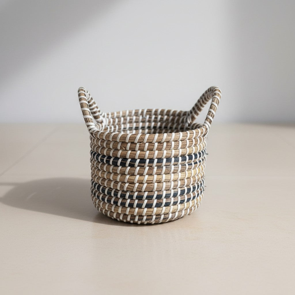 Ivory Weave Multipurpose Basket in handwoven seagrass with ivory detailing and side handles