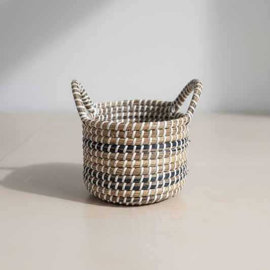 Ivory Weave Multipurpose Basket in handwoven seagrass with ivory detailing and side handles