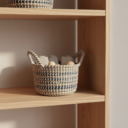 Ivory Weave Multipurpose Basket styled on an open shelf as a decorative storage basket
