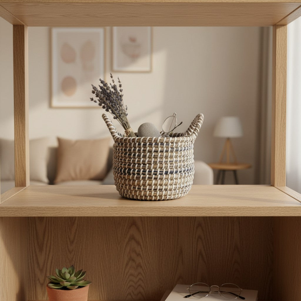 Ivory Weave Multipurpose Basket styled on a wooden shelf with dried stems