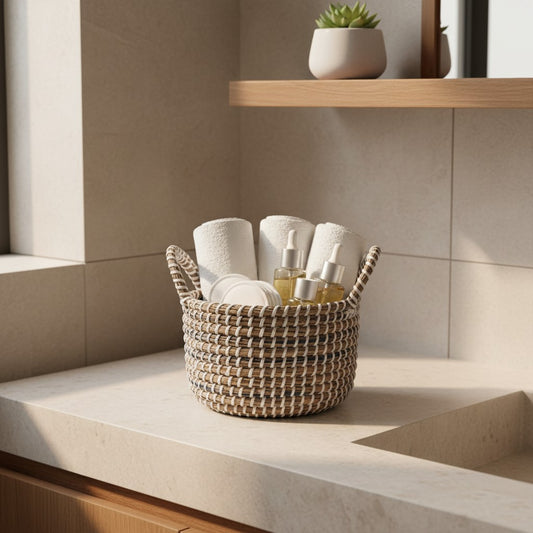 Ivory Weave Multipurpose Basket styled with rolled towels as a bathroom organiser