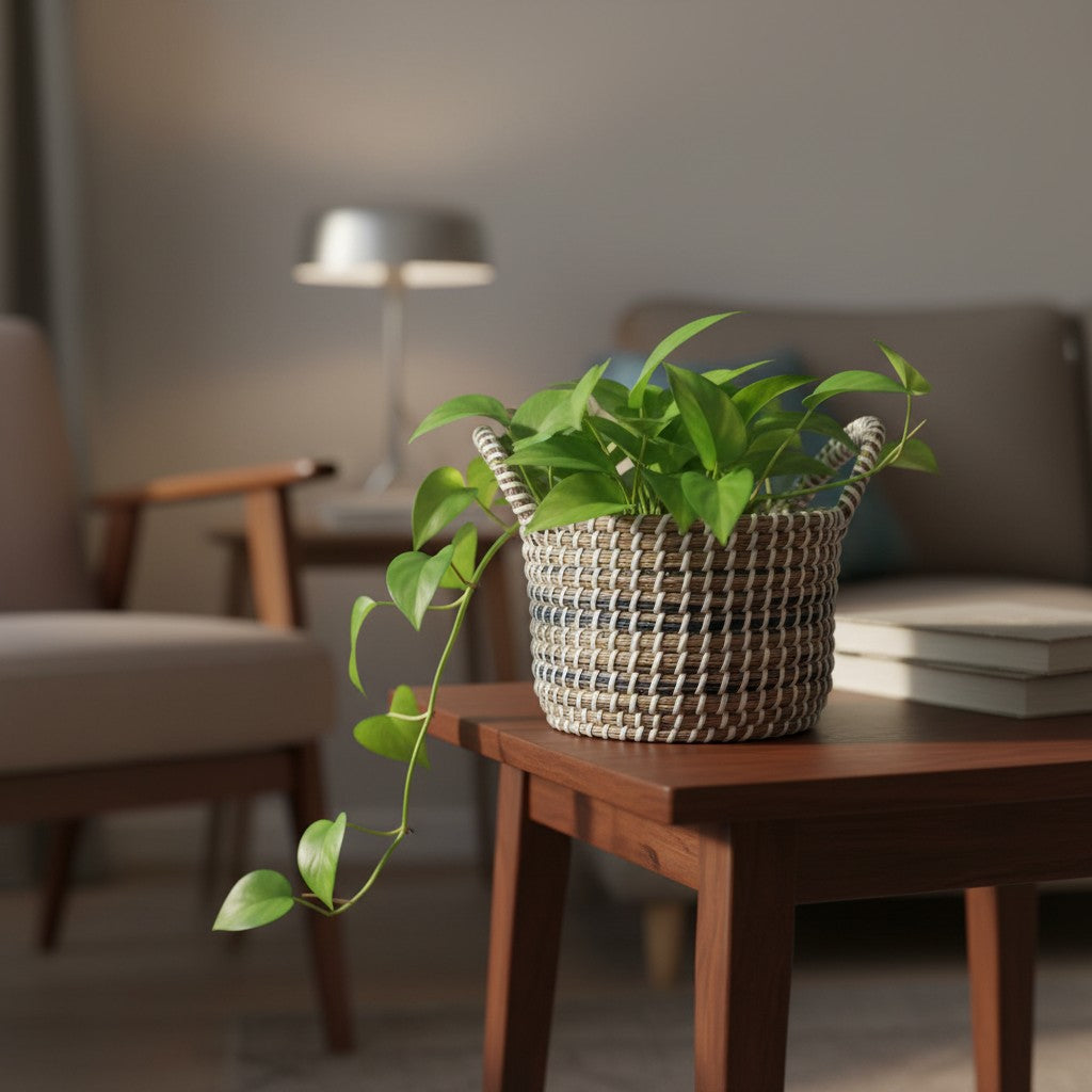 Ivory Weave Multipurpose Basket used as a decorative planter cover with a trailing indoor plant