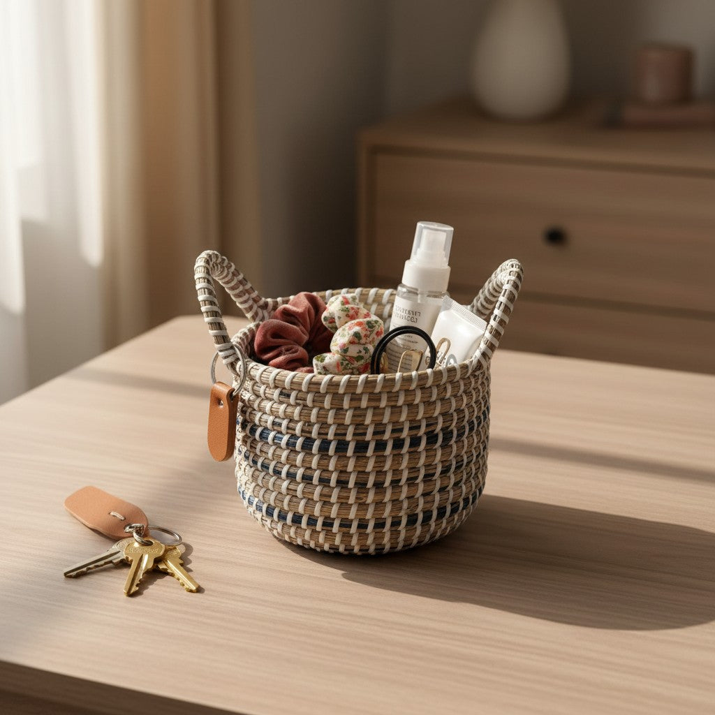Ivory Weave Multipurpose Basket styled on a tabletop with beauty essentials and small accessories