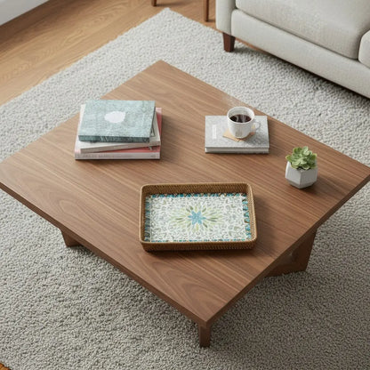 Lagoon Bloom rectangular tray in a bright living room, styled on a coffee table for everyday use
