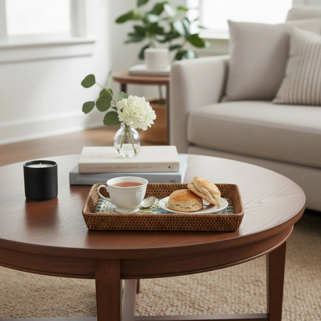 Lagoon Bloom mother-of-pearl rectangular tray styled on a coffee table with cups and snacks