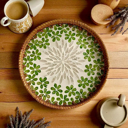 Round decorative tray for coffee table – green mother-of-pearl mosaic with rattan rim, styled with a tea set