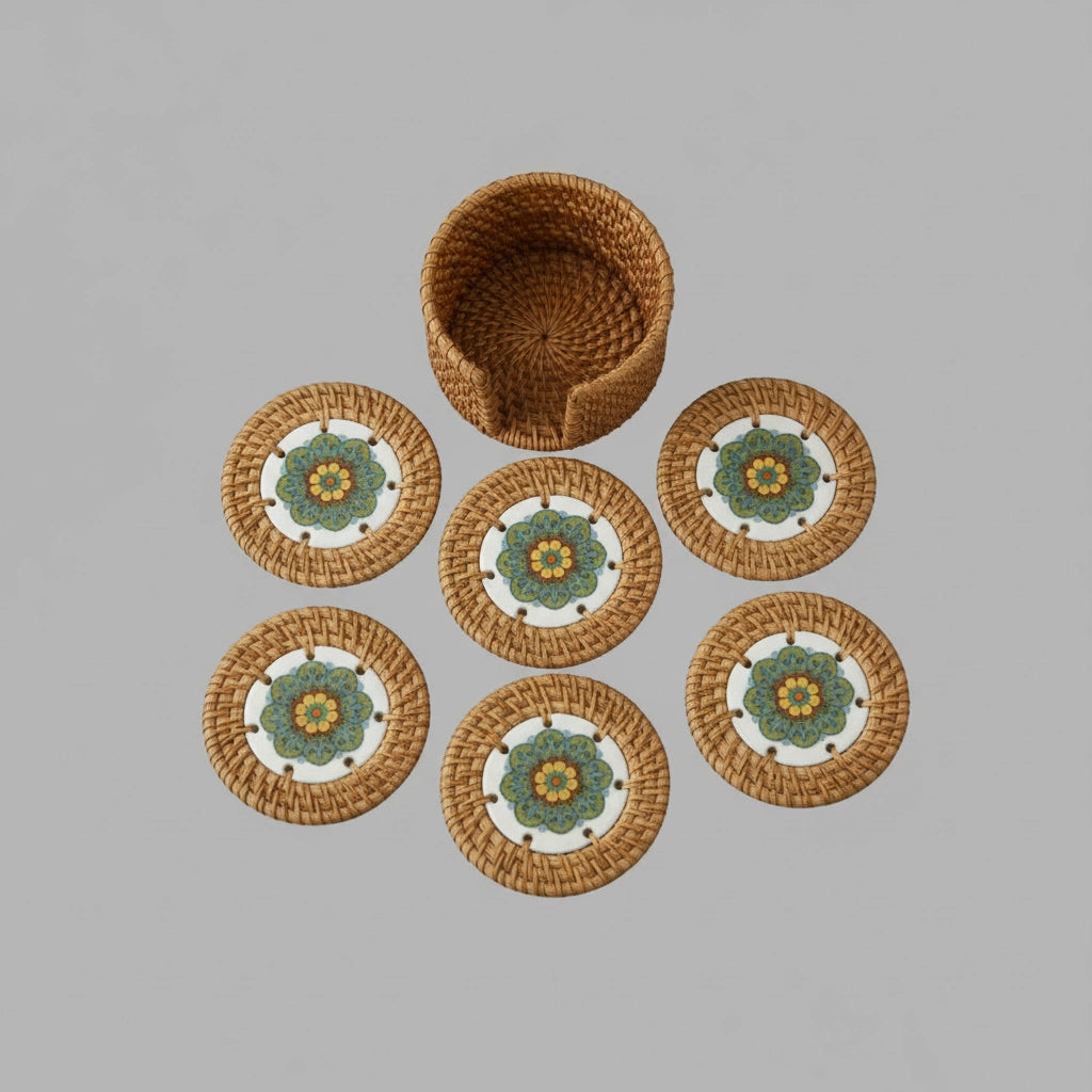 Meadow Mandala rattan coaster set with holder, six ceramic coasters in handwoven rattan, top view on grey background.