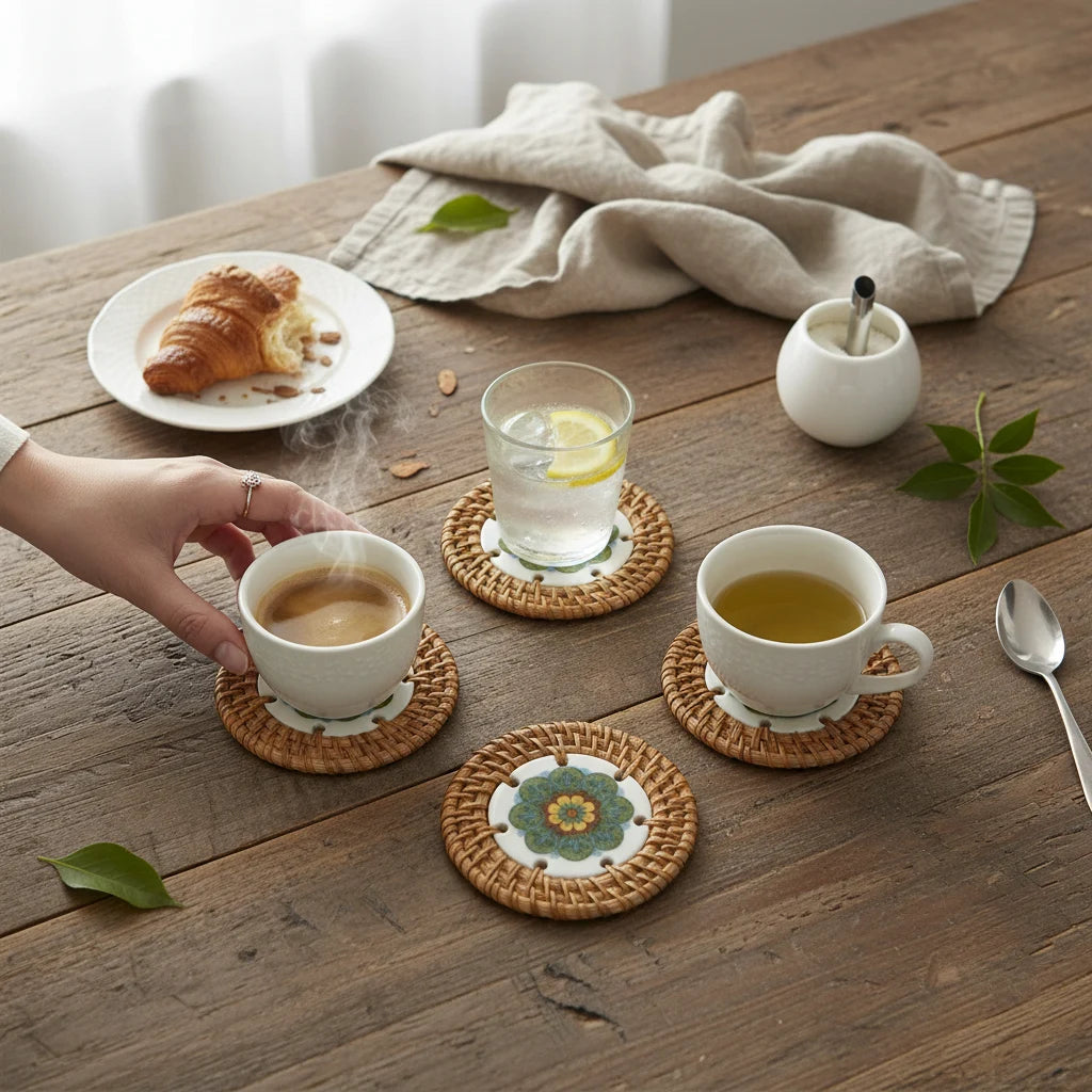 Meadow Mandala rattan coasters styled with snacks and tea—gift-ready coasters for entertaining.