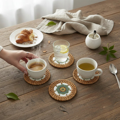 Meadow Mandala rattan coasters styled with snacks and tea—gift-ready coasters for entertaining.