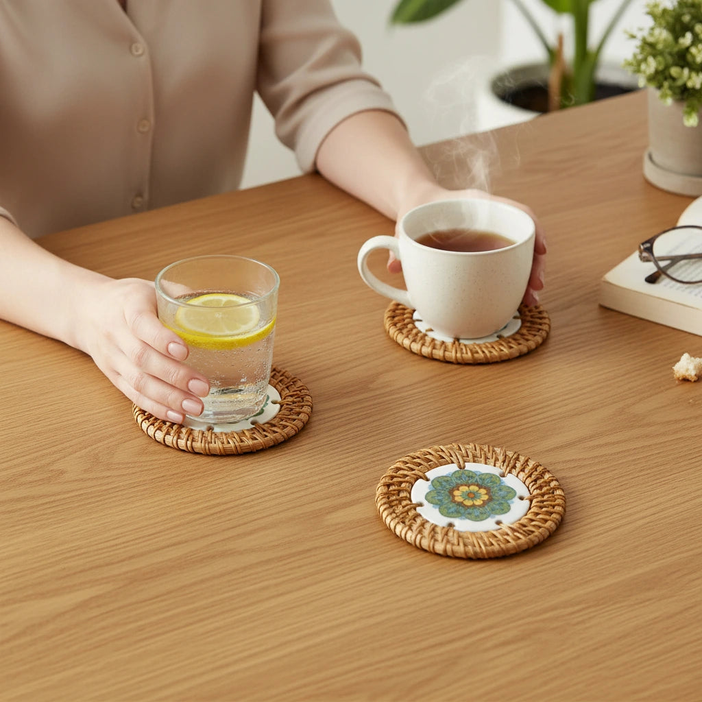 Meadow Mandala ceramic rattan coaster on wooden table with cup—protects surface from water rings and heat marks.