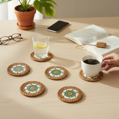 Meadow Mandala ceramic rattan coasters on a coffee table with tea cups—warm, everyday table styling.”