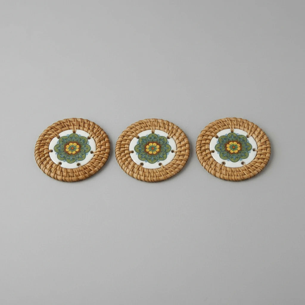 Three Meadow Mandala ceramic coasters wrapped in handwoven rattan, arranged in a row on grey background.