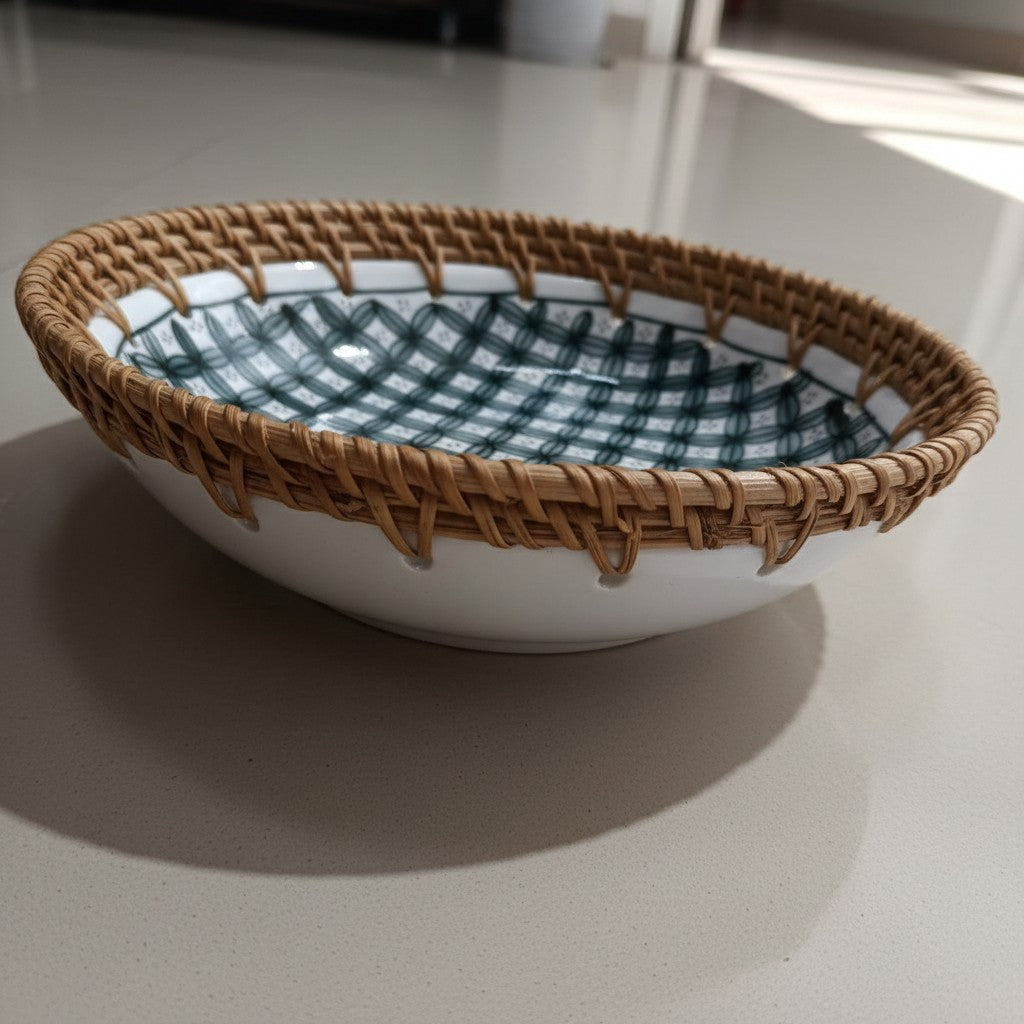 Midnight Bloom Set of 3 Ceramic Bowls with Rattan Rim with Rim Detailing