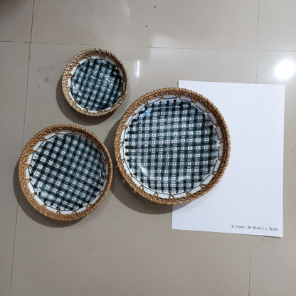 Midnight Bloom Set of 3 Ceramic Bowls with Rattan Rim With A4 Sizr Paper for Size Detailing