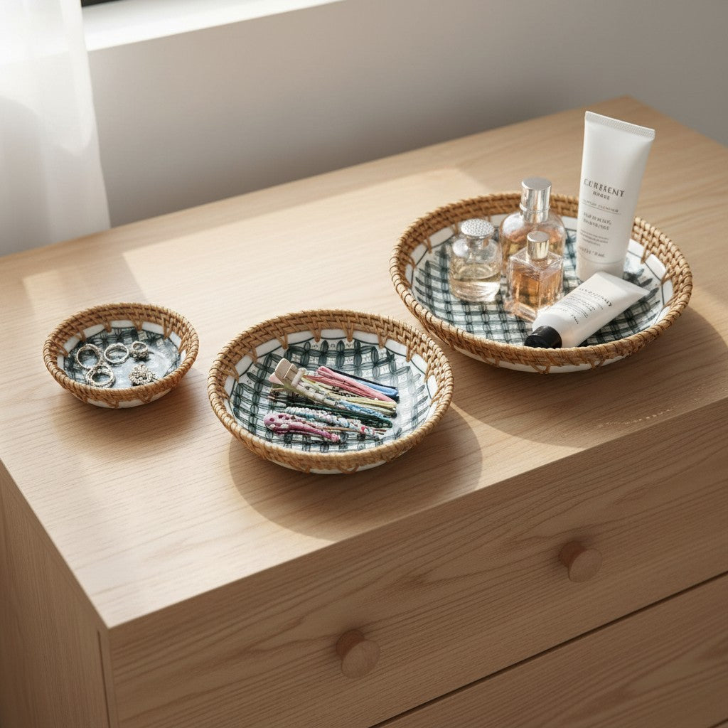 Midnight Bloom Set of 3 Ceramic Bowls with Rattan Rim on Vanity