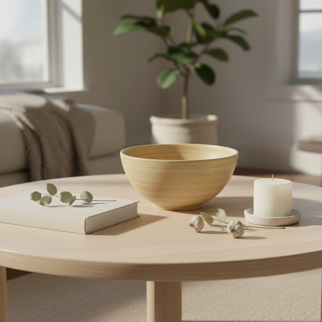 Natural spun bamboo bowl styled as a decorative accent on a coffee table