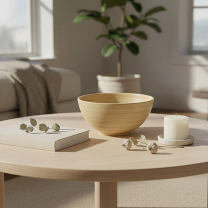 Natural spun bamboo bowl styled as a decorative accent on a coffee table