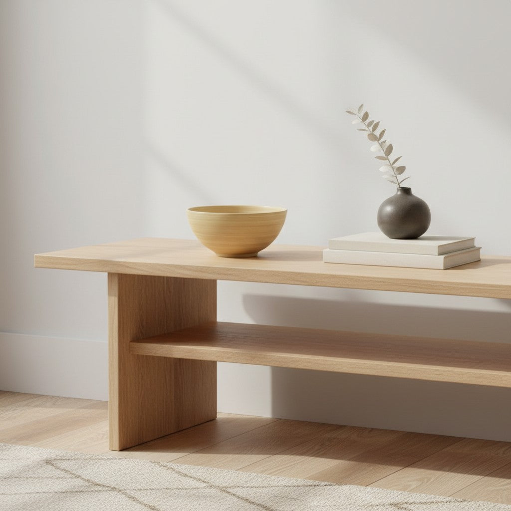 Natural spun bamboo bowl styled on a wooden shelf with neutral decor