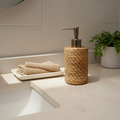 Natural Rattan Soap Dispenser styled beside a bathroom sink with folded towels