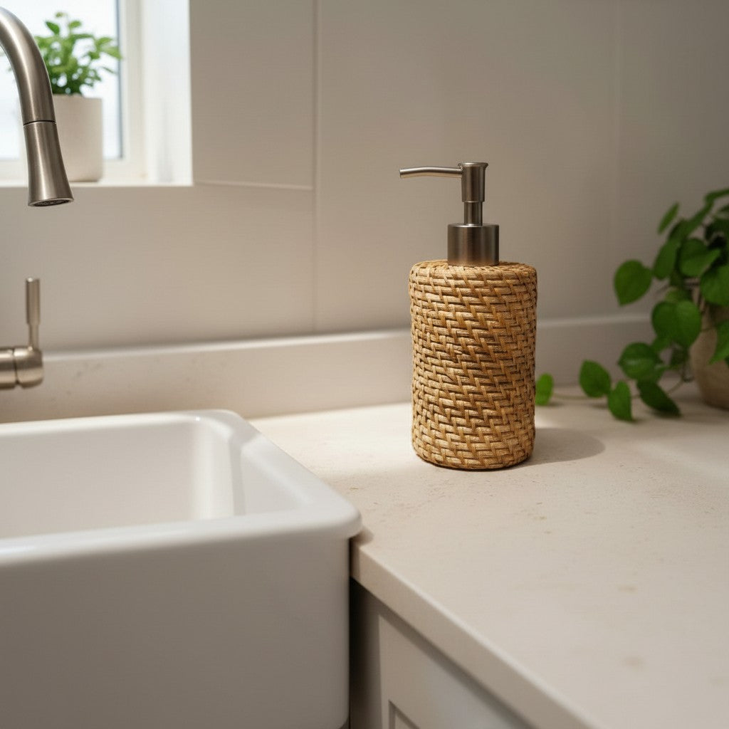 Natural Rattan Soap Dispenser styled on a bathroom counter beside a sink